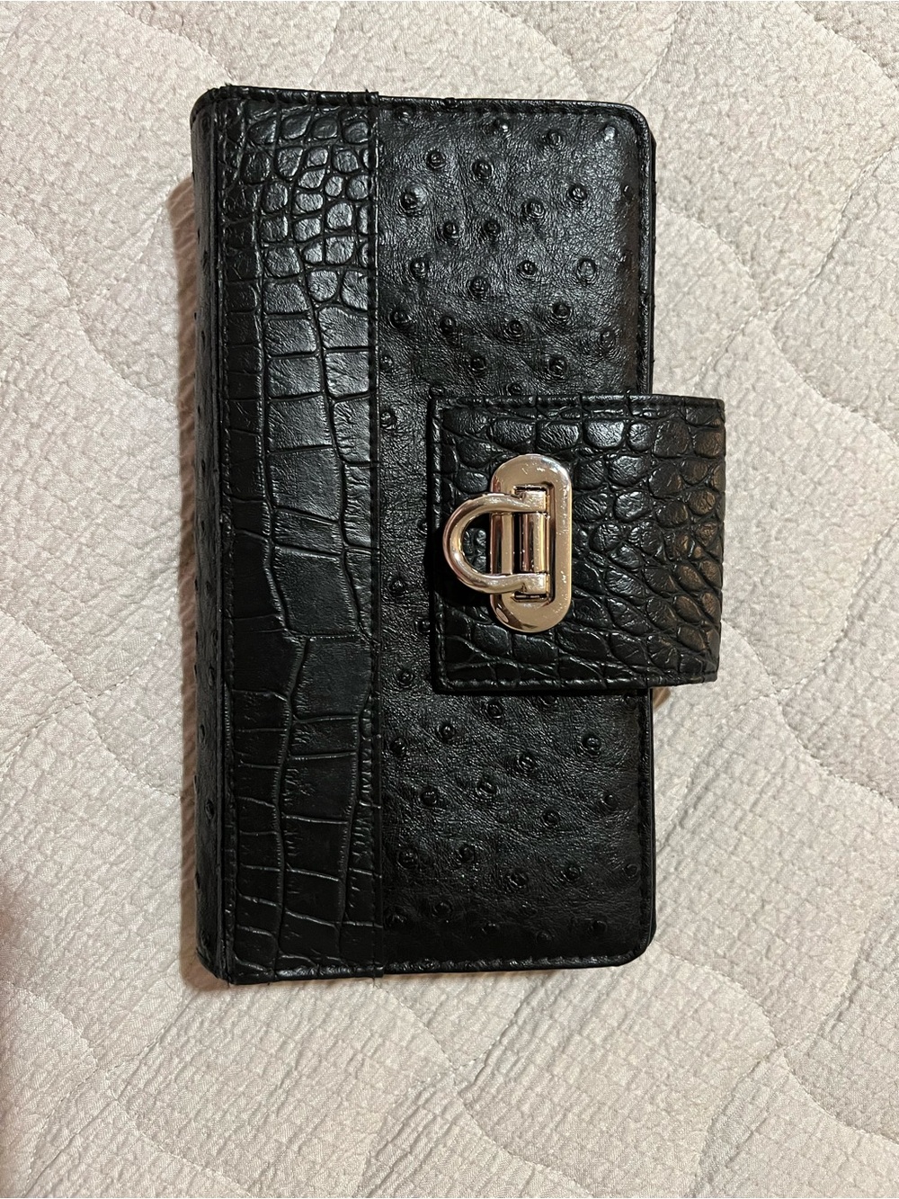 Buxton Black Croc & Ostrich-Texture Wallet Phone Case with Gold Turn-Lock